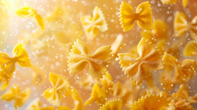 Farfalle flying chaotically in the air, bright saturated background, spotty colors, professional food photo