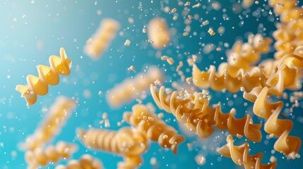 Fusilli flying chaotically in the air, bright saturated background, spotty colors, professional food photo