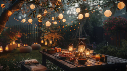 Romantic backyard gathering with lanterns, food, and live music under the stars.