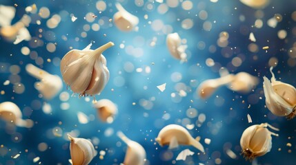 Garlic flying chaotically in the air, bright saturated background, spotty colors, professional food photo