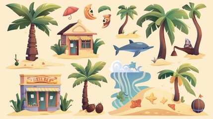 Beach illustration set with coconuts, dolphins, palm trees, sand hills, and street shop facades on a beige background.
