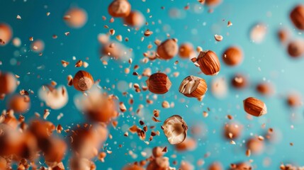 Hazelnuts flying chaotically in the air, bright saturated background, spotty colors, professional food photo