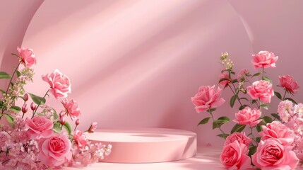 Podium background flower rose product pink 3d spring table beauty stand display nature white. Garden rose floral summer background podium cosmetic valentine easter field scene gift pink day romantic