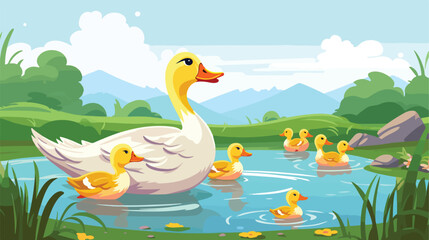 Duck and ducklings set. Cute mother duck and yellow - obrazy, fototapety, plakaty