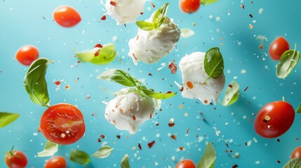 Ingredients for burrata flying in the air, bright saturated background, spotty colors, professional food photo