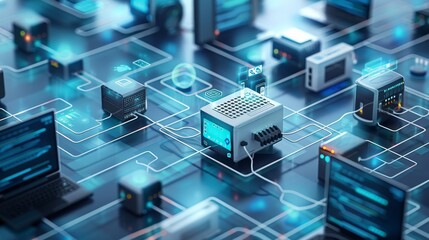 Business Network: A 3D vector illustration of networked devices in an office