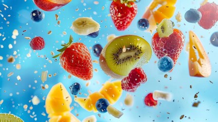 Ingredients for fruit salad flying in the air, bright saturated background, spotty colors,...