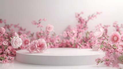 Obraz na płótnie Canvas Podium background flower rose product pink 3d spring table beauty stand display nature white. Garden rose floral summer background podium cosmetic valentine easter field scene gift pink day romantic