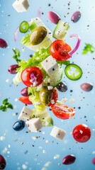 Ingredients for Greek salad flying in the air, bright saturated background, spotty colors, professional food photo