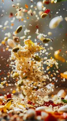 Ingredients for pilaf flying in the air, bright saturated background, spotty colors, professional food photo