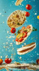 Ingredients for pita flying in the air, bright saturated background, spotty colors, professional...