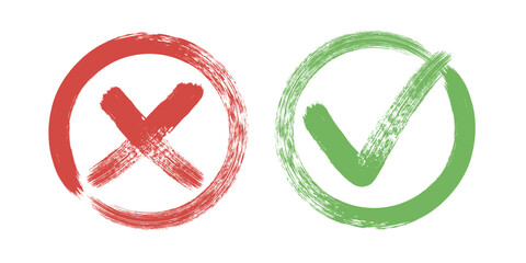 Tick and Cross sign elements. vector buttons for vote,  check marks, approval signs. Red X and green OK icons check boxes. Check list marks, choice options signs.