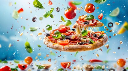 Ingredients for pizza flying in the air, bright saturated background, spotty colors, professional...