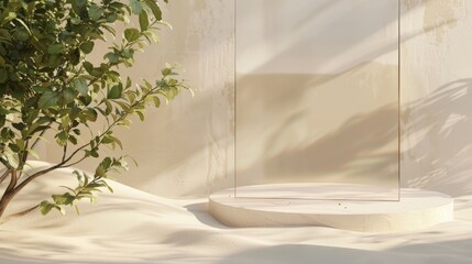 Design of a white desert scene with sandstone stage to display products. Glass wall and ethereal tea tree leaves are also included in the design.