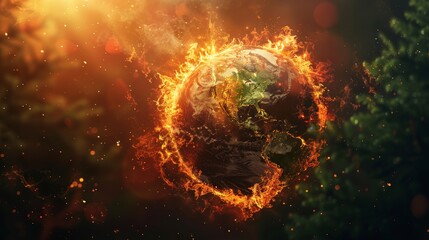 Climate Change: A 3D vector illustration of a globe surrounded by flames - obrazy, fototapety, plakaty