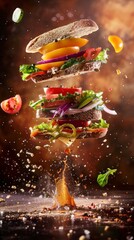 Ingredients for sandwich flying in the air, bright saturated background, spotty colors,...