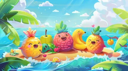 Obraz na płótnie Canvas Cartoon illustration of tropical fruits having fun and relaxing on an island.