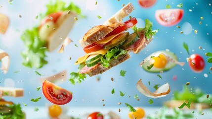 Ingredients for sandwich flying in the air, bright saturated background, spotty colors, professional food photo  - obrazy, fototapety, plakaty