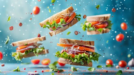 Ingredients for sandwich flying in the air, bright saturated background, spotty colors, professional food photo