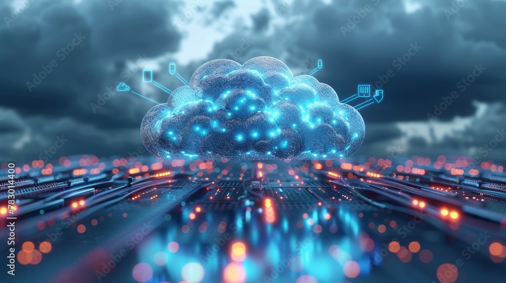 Poster cloud networking: a 3d vector illustration of a cloud server floating in the sky