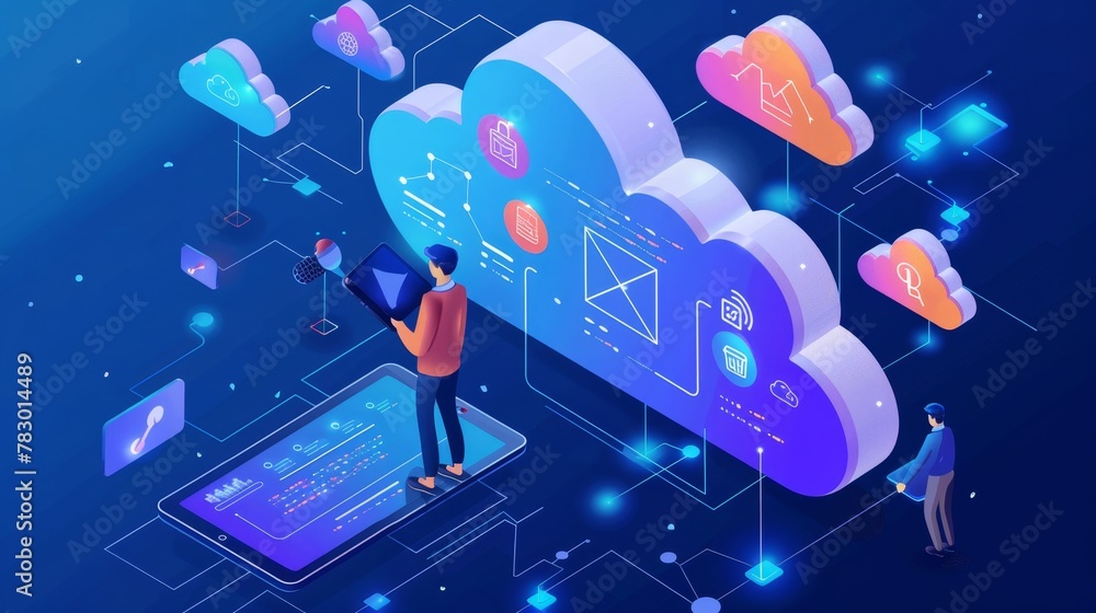 Poster cloud networking: a 3d vector illustration of a person accessing cloud-based services on a tablet