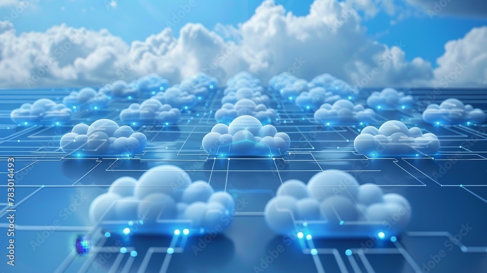 Poster cloud networking: a 3d vector illustration of data centers connected in a network