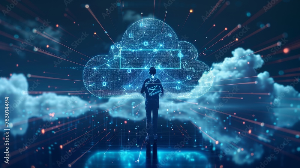 Poster cloud networking: a 3d vector illustration of a person accessing files from a virtual cloud server