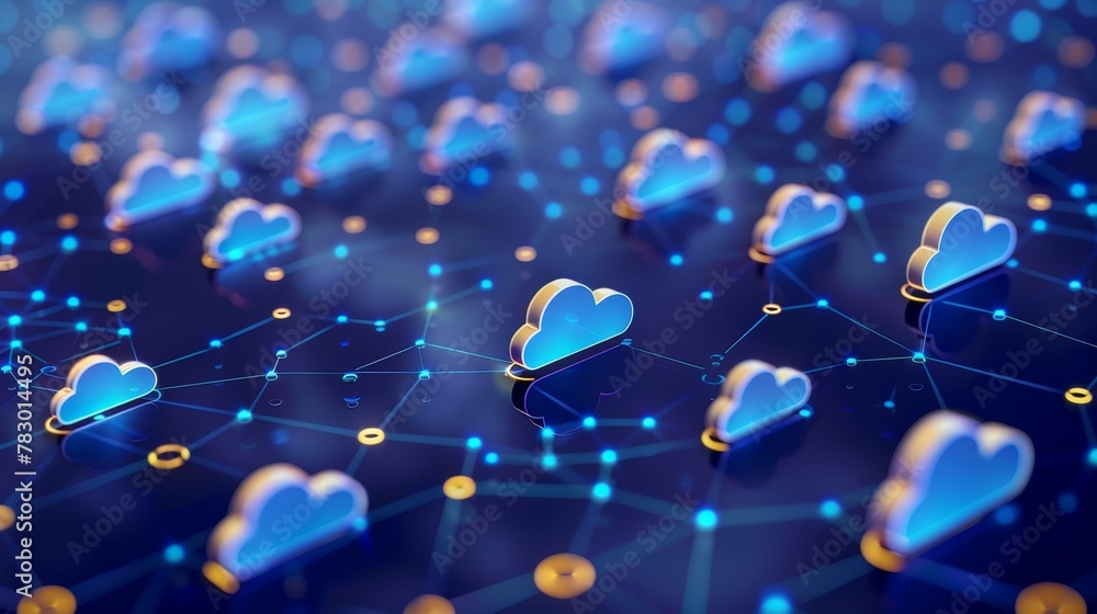 Poster cloud networking: a 3d vector illustration of data flowing through a network of interconnected cloud