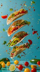 Obraz na płótnie Canvas Ingredients for tacos flying in the air, bright saturated background, spotty colors, professional food photo