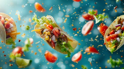 Ingredients for tacos flying in the air, bright saturated background, spotty colors, professional food photo 