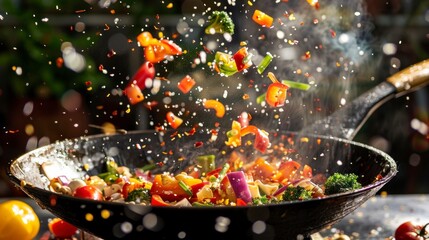 Ingredients for wok flying in the air, bright saturated background, spotty colors, professional food photo