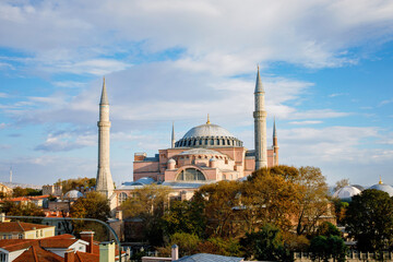 Ayasofya Museum, Hagia Sophia in Sultan Ahmet park in Istanbul, Turkey in a beautiful autumn day. Byzantine architecture, city landmark and architectural world wonder