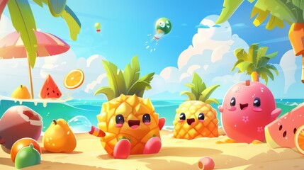 Fototapeta na wymiar Cartoon tropical fruits playing water gun games or sunbathing on the beach in this cute summer travel illustration.
