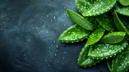 Aloe vera on dark background with water droplets