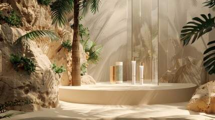 A sand desert scene backdrop with ethereal tea tree leaves and a glass divider wall. Tube mock-up stands on a sandstone stage.