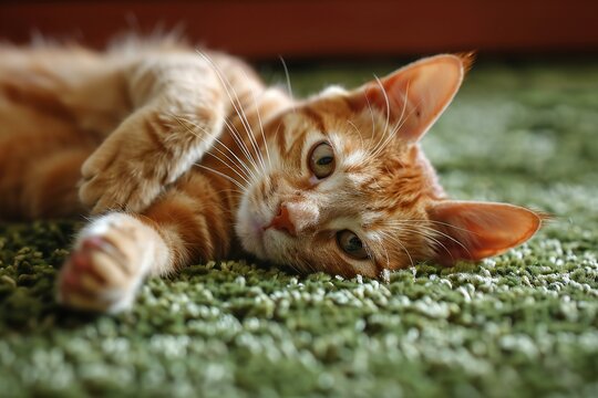 Cute ginger cat lying on green carpet at home, closeup