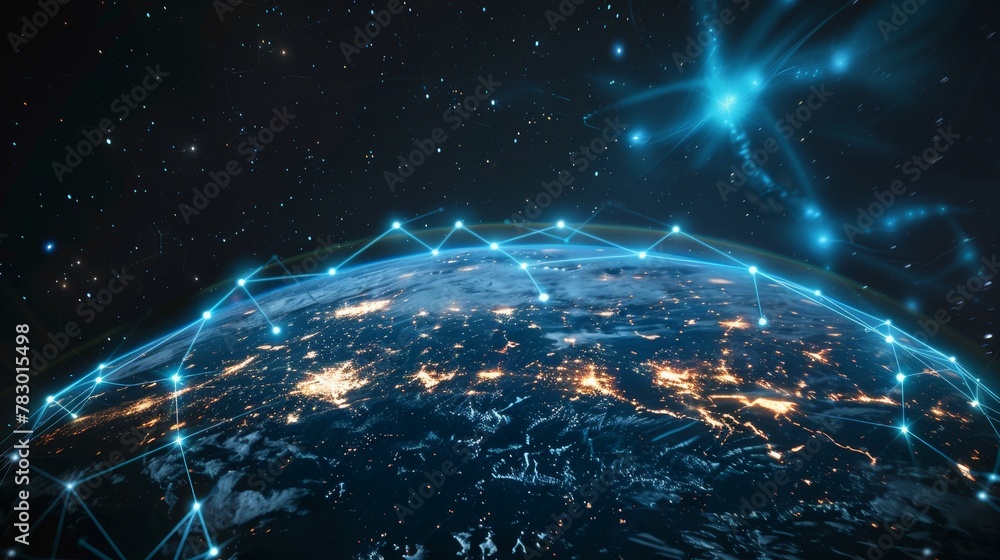 Poster global connectivity: a 3d vector illustration of a digital globe with network lines connecting diffe
