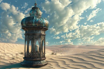  illustration of Ramadan Kareem lantern in the middle of the desert - obrazy, fototapety, plakaty