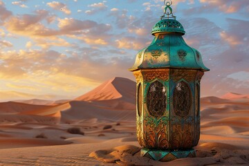 Lantern in the Sahara desert, Morocco,   rendering