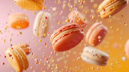 Macaroons flying chaotically in the air, bright saturated background, spotty colors, professional food photo - obrazy, fototapety, plakaty