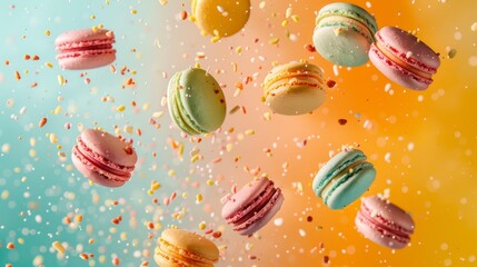Macaroons flying chaotically in the air, bright saturated background, spotty colors, professional food photo