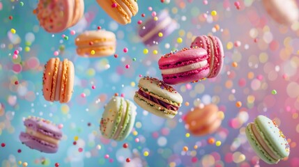 Macaroons flying chaotically in the air, bright saturated background, spotty colors, professional food photo