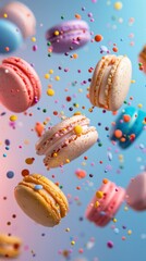 Fototapeta na wymiar Macaroons flying chaotically in the air, bright saturated background, spotty colors, professional food photo