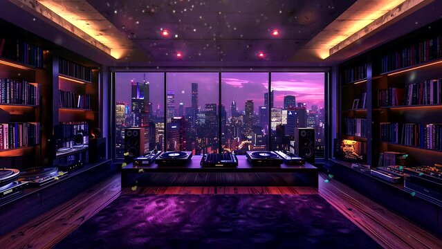 room with a turntable in the window showing the city skyline at night, the twilight sky, World music day concept. Seamless looping 4k time-lapse video animation background