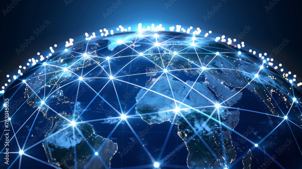 Poster global connectivity: a 3d vector illustration of a globe surrounded by digital network lines connect