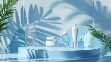 Blue minimal skincare kit ad template with wavy shape divider and palm leaves displayed on glass stages.