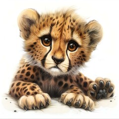 Cheetah cub on a white background,  Hand-drawn illustration