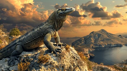 A Komodo dragon laying in the grass, looking up at the sky - Powered by Adobe