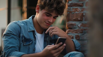 Young Man Engrossed in Smartphone