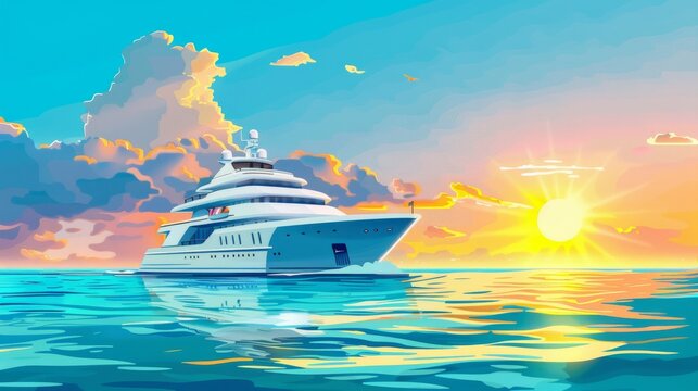 A white ship sailing on the blue ocean with the sun rising above the horizon depicts a dreamy tropic cruise.